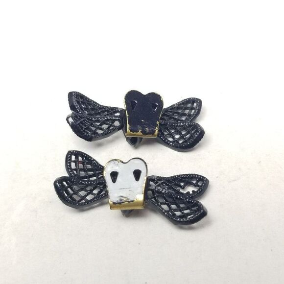 Vintage Black Rhinestone Bow Wing Shape Shoes Dress Clips, Retro 60s 70s style - Picture 2 of 5